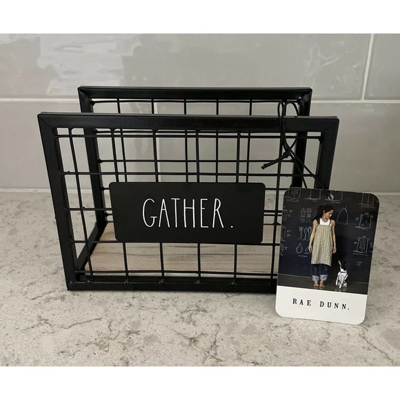 NEW Rae Dunn Black Metal GATHER Napkins Napkin Holder Wood Bottom - Picture 1 of 6